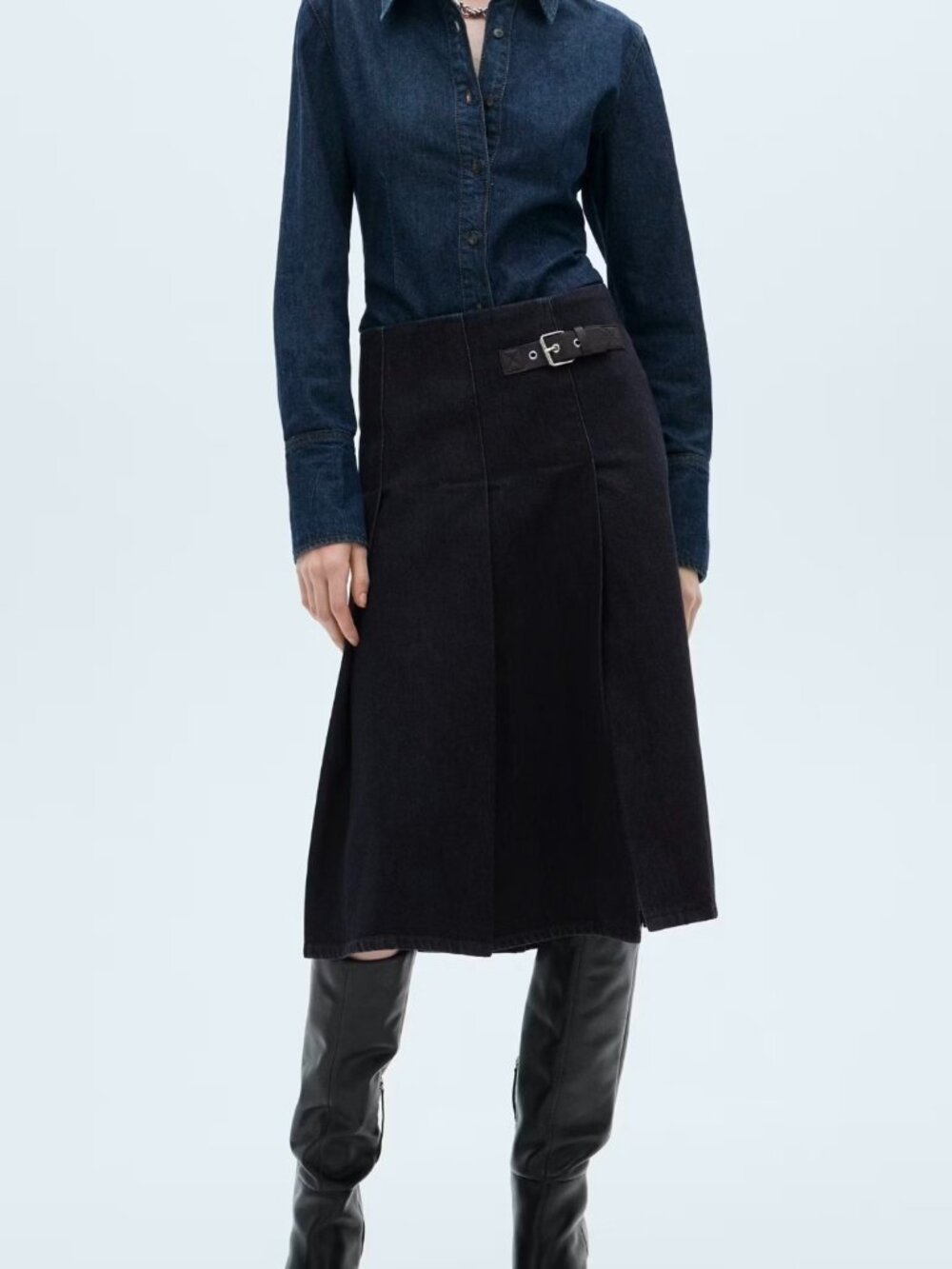 Pleated a-line denim midi skirt with buckle Sz XS